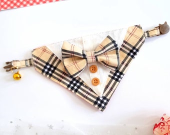 Cat Bowtie Collar, Beige Tartan Tuxedo, Breakaway Buckle