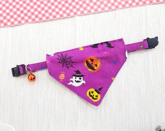 Pumpkin ghost Halloween purple fabric Collar with Breakaway Safety Buckle , for Kitten Adult  cat  Small Dog