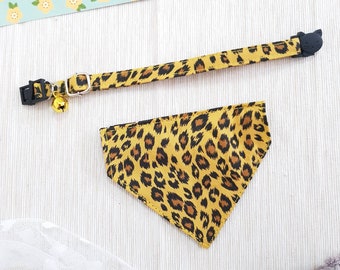 Tiger Leopard Print Cat Collar with Bandana, Breakaway Buckle