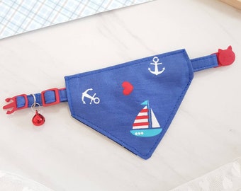 Blue sailor , anchor and sailing boat Bandana Cat Collar with Breakaway Safety Buckle , for Kitten Adult  cat  Small Dog