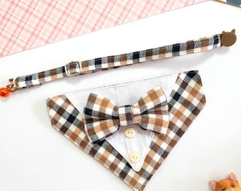 Cat Bowtie Collar, Brown Tartan Tuxedo, Breakaway Buckle