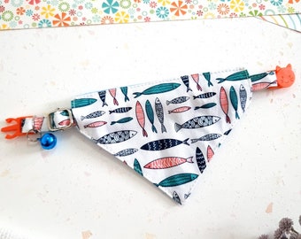 Fish Print Bandana Cat Collar, Breakaway Buckle, Kitten to Small Dog