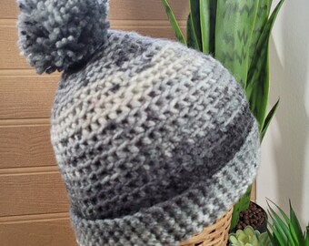 Warm Winter Hand Crochet Bobble Beanie Woolly Hat Grey  M / L One Size