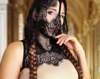 Hood mask.Woman lace hood mask for pole dance.Rave hood mask for party, festival and cosplay.Gothic harness hood mask for women.Balaclava.