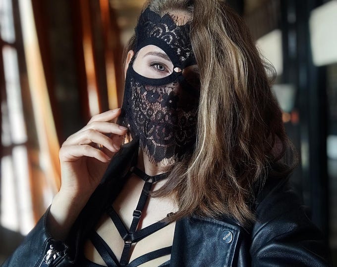 Handmade mask,Lace mask,Rave mask,Pole dance,Balaclava,Gothic mask,Party mask,Harness mask,Festival mask,Carnival mask,Cosplay mask.
