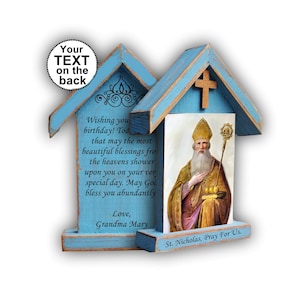 Sinterklaas, sint, kerstman, eerste communiecadeau jongens, houten altaar, beeld Nicolaas