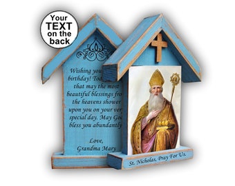 Saint Nicholas, st Nicholas, Santa Claus, first communion gift boys, wooden altar, Nicholas statue