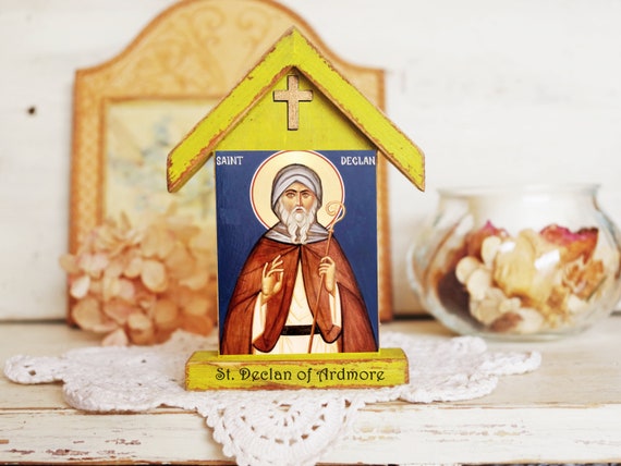 Saint Declan First Bishop of Ardmore in Ireland Handmade wood icon on plaque 