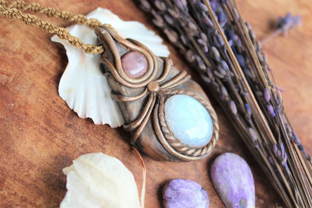 Moonstone & jade clay necklace with macrame Etsy