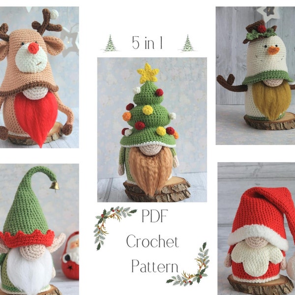 Crochet Christmas Gnomes set pattern, Amigurumi Christmas gnomes