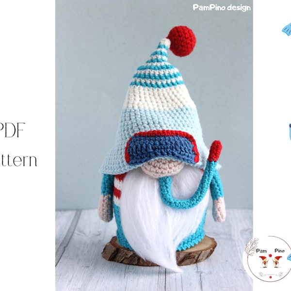 Modèle de gnome de plongée au crochet, nain de natation, plongée Amigurumi, nageur gnome au crochet