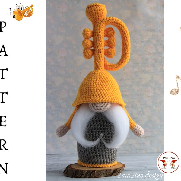 Modèle de gnome trompette au crochet, trompette Amigurumi, gnome au crochet