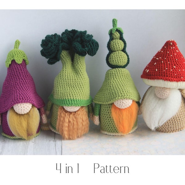 Crochet Vegetable gnomes set pattern, Amigurumi vegetables, crochet gnomes