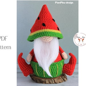 Crochet Watermelon gnome pattern, Amigurumi Watermelon, crochet gnome summer image 1