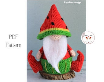 Crochet Watermelon gnome pattern, Amigurumi Watermelon, crochet gnome summer