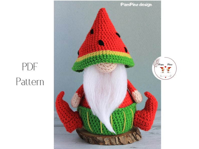 Crochet Watermelon gnome pattern, Amigurumi Watermelon, crochet gnome summer image 1