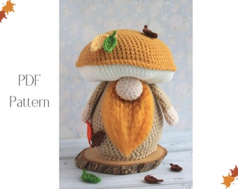 Crochet Autumn Mushroom gnome pattern, Amigurumi mushroom