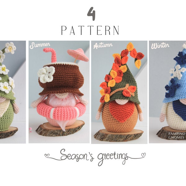 Crochet Pattern  Four Seasons gnomes, Season gnomes, Amigurumi Season pattern, Spring gnome, Summer gnome, Autumn gnome, Winter gnome