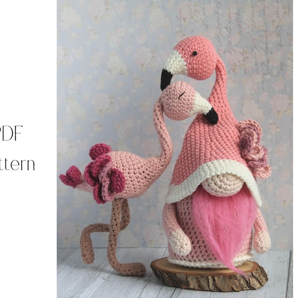 Crochet Flamingo gnome pattern, Amigurumi flamingo gnome, crochet gnome Flamingo toy