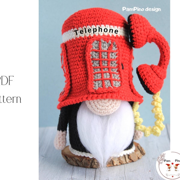 Crochet England telephone gnome pattern, London telephone box, crochet gnome