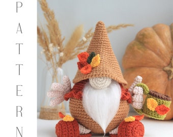 Autumn Fall Morning Gnome Crochet Pattern, Amigurumi autumn leaves , crochet leaf, Coffee gnome