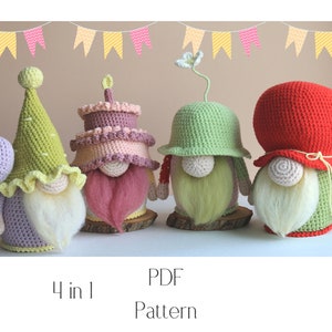 Happy Birthday gnomes set crochet pattern, Amigurumi Happy birthday, crochet gnome