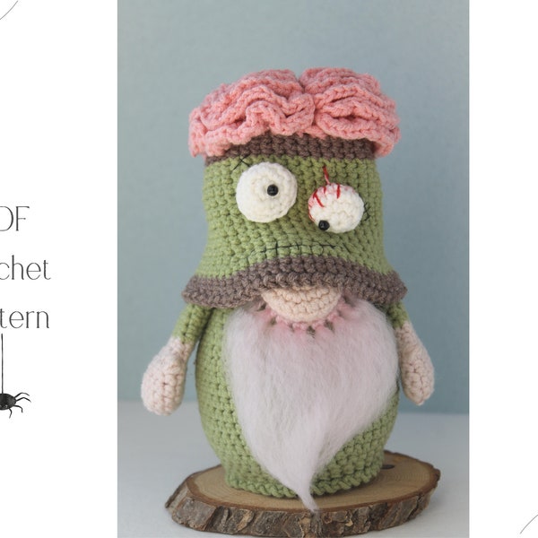 Zombie Brain Crochet Gnome pattern, Amigurumi Zombie gnome