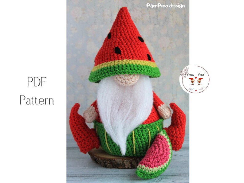 Crochet Watermelon gnome pattern, Amigurumi Watermelon, crochet gnome summer image 3