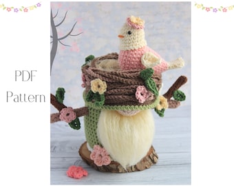 Crochet Spring bird nest gnome pattern, Amigurumi bird nest, crochet gnome