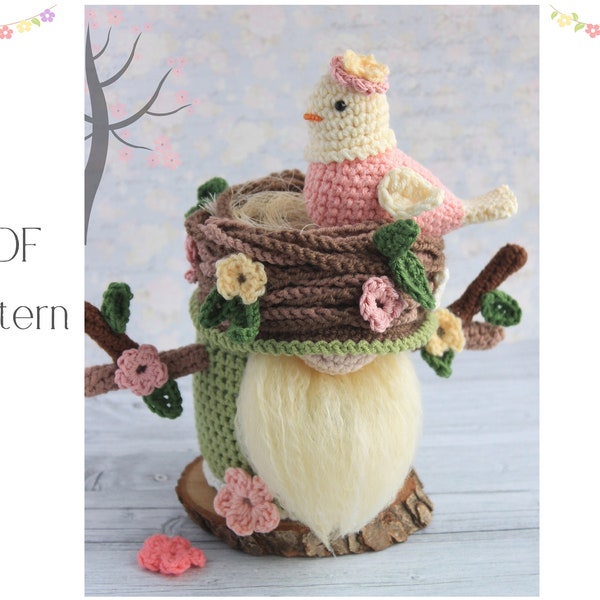 Motif de gnome de nid d'oiseau de printemps au crochet, nid d'oiseau Amigurumi, gnome au crochet