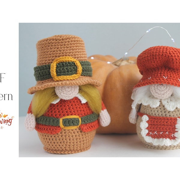 Crochet Mme et M. Pilgrim Gnomes modèle, couple de pèlerins de Thanksgiving Day, gnome amigurumi