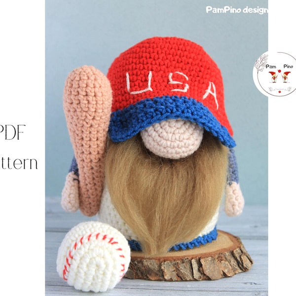 Crochet USA Baseball gnome pattern, Amigurumi baseball, crochet gnome