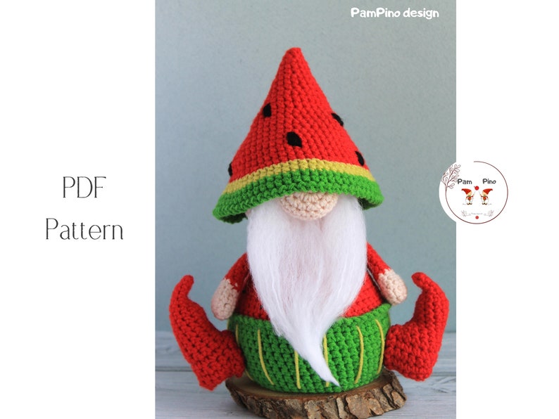 Crochet Watermelon gnome pattern, Amigurumi Watermelon, crochet gnome summer image 2