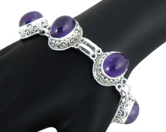 Handcrafted-Natural Gemstone Amethyst-Bracelet-925 Sterling Silver-Purple Bracelet-Traditional-Victorian Link Bracelet-Anniversary Gift