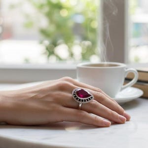 Handmade Pear Ruby Ring: 925 Sterling Silver Victorian Design