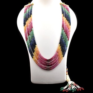 3.5-4mm Natural Multi Colored Sapphire Faceted Beaded Necklace-Rondell Shaped Faceted 7 Strand Birthstone Necklace-Minimalist Jewelry Gifts