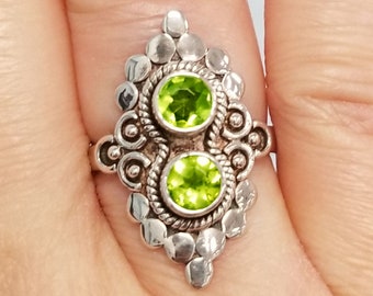 Green Peridot CZ Ring-Handmade Sterling Silver Ring-Antique Cubic Zirconia Ring-August Birthstone Ring-Two Stone Ring-Gift For Her