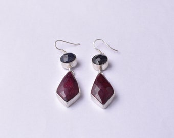 Handmade Ruby Sapphire Sterling Silver Dangle Earrings: Boho Jewelry