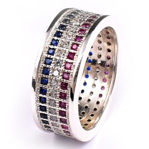Sterling Silver American Flag Ring: Red, White & Blue Zircon Band