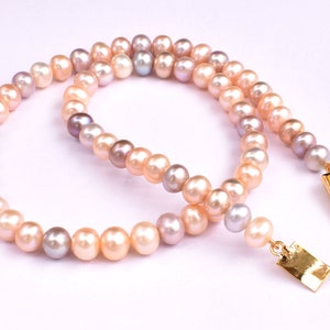 Collier perles d&#39;eau douce naturelles | Perles roses et dorées | Fermoir boîte | Bijoux audacieux | Cadeau Noël ou Thanksgiving