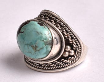 Vintage Sterling Silver Turquoise Ring – Handcrafted Oval Cabochon, Boho Southwest Style