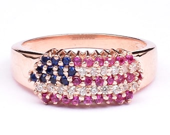Anello con bandiera americana in argento 925, pietre rosa, bianche e blu, anello patriottico, gioiello perfetto per ogni festa.
