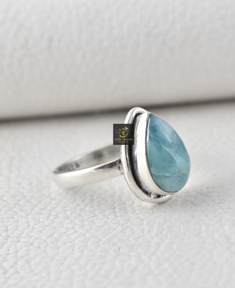 Pear Cut Engagement Ring-Oxidized Ring ON SALE Natural Larimar Ring-925 Sterling Silver Ring-Gemstone Ring-Fine Silver Ring-Wedding Ring
