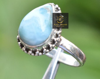 925 Sterling Silver Natural Larimar Pear Shape Ring-Wedding Anniversary Gift-Light Blue Larimar Gemstone Ring Daily Wear Ring For Unisex