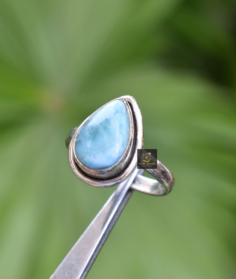 Pear Cut Engagement Ring-Oxidized Ring ON SALE Natural Larimar Ring-925 Sterling Silver Ring-Gemstone Ring-Fine Silver Ring-Wedding Ring