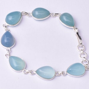 Aqua Chalcedony Bracelet: Pear Cut Sterling Silver Chain Bracelet