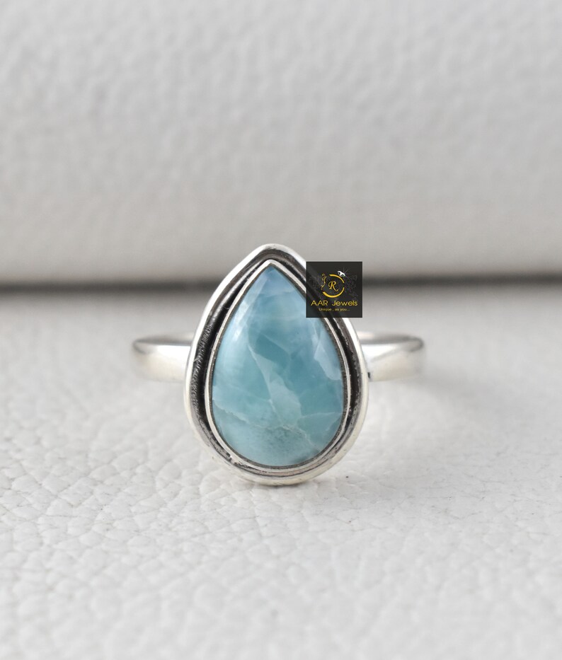 Pear Cut Engagement Ring-Oxidized Ring ON SALE Natural Larimar Ring-925 Sterling Silver Ring-Gemstone Ring-Fine Silver Ring-Wedding Ring