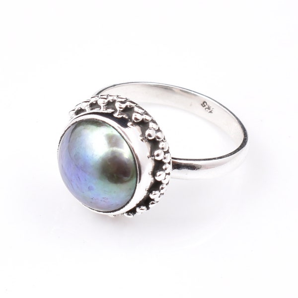 925 Sterling Silver Ring, Tahitian Cultured Pearl Ring, natural peacock black saltwater Pearl, round Shape ring, genuine Statement ring,