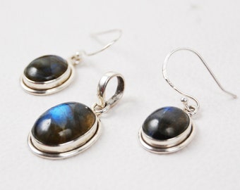 Handmade- Labradorite Gemstone Jewelry Set-Labradorite Earring Pendant Set-Gemstone Jewelry Set-925 Sterling Silver-Her Gift-Halloween Gift