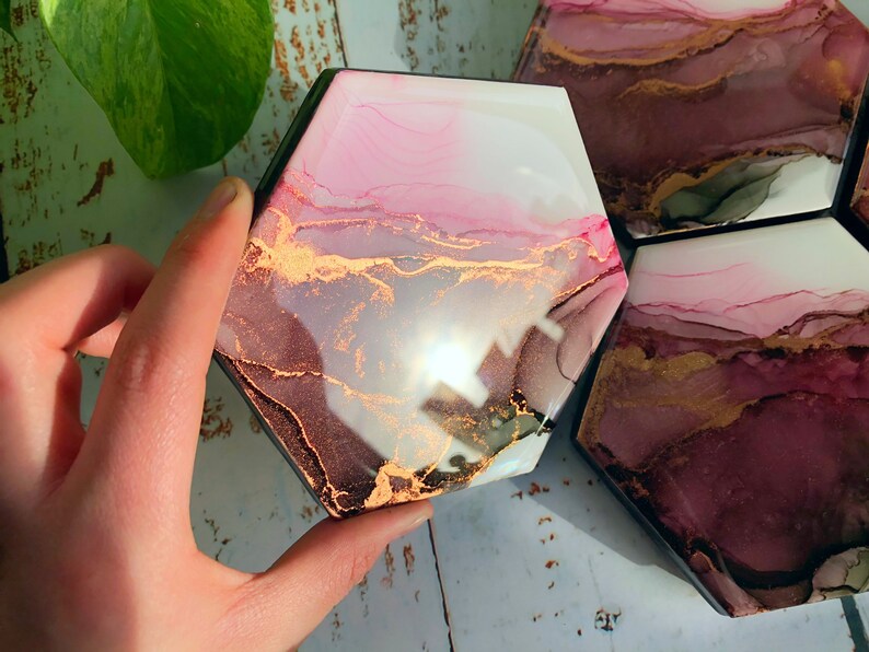 Custom Hexagon Ceramic Coasters Alcohol Ink Coasters Hand Etsy